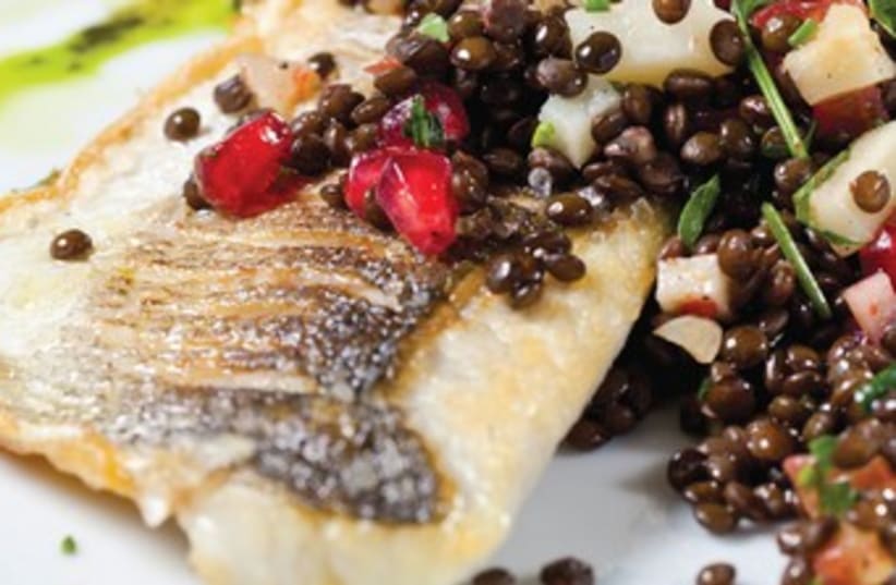 Seared fish with lentil salad, herbs, pomegranate and quince (photo credit: Boaz Lavi)