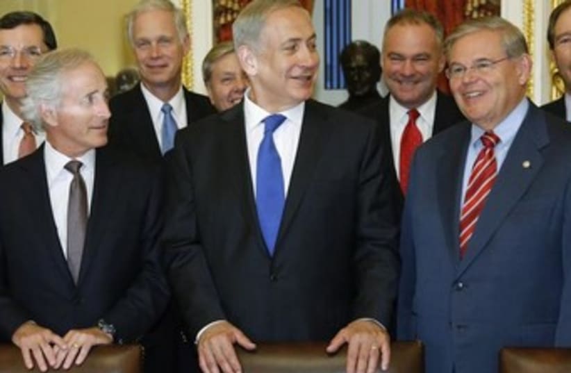 PM Netanyahu and Senators Robert Menendez and Bob Corker (photo credit: Reuters)