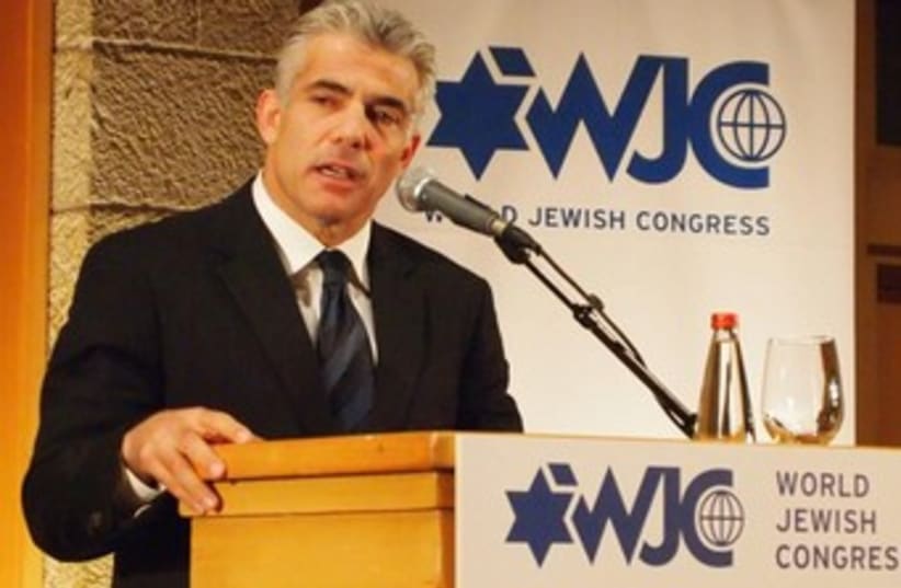 Yair Lapid addresses WJC conference 370 (photo credit: Sam Sokol)