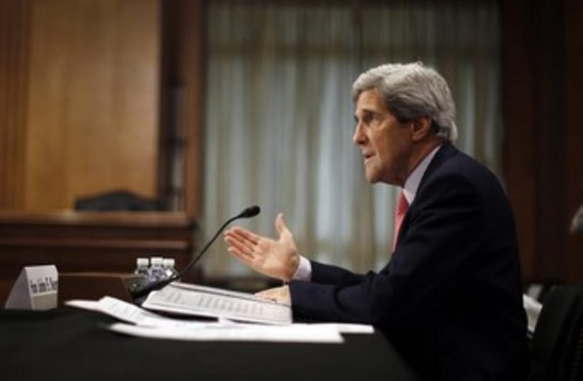 John Kerry profile view hand gesture 370 (photo credit: REUTERS/Jason Reed )