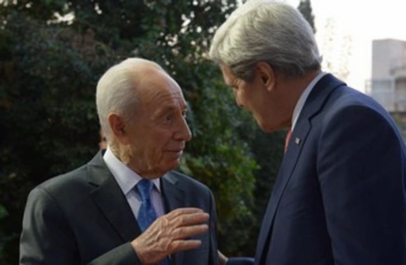 Shimon Peres with John Kerry 370 (photo credit: Mark Neiman/GPO)