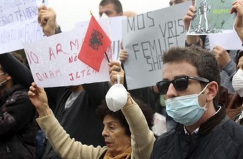 Albania protests against hosting destruction of Syria CW 370 (photo credit: REUTERS/Arben Celi)