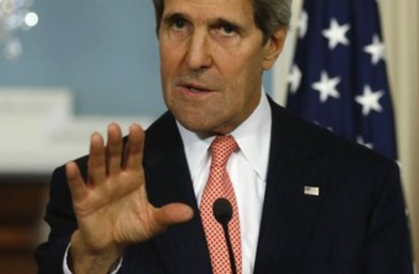 Kerry hand gesture 'clam down' 370 (photo credit: REUTERS/Kevin Lamarque)