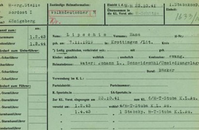 The 1941 military service record of SS soldier Hans Lipschis (photo credit: REUTERS)
