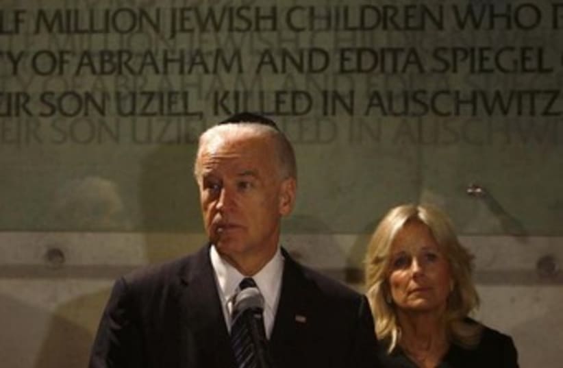 US VP Joe Biden and his wife Jill at Yad Vashem 370 (photo credit: REUTERS)