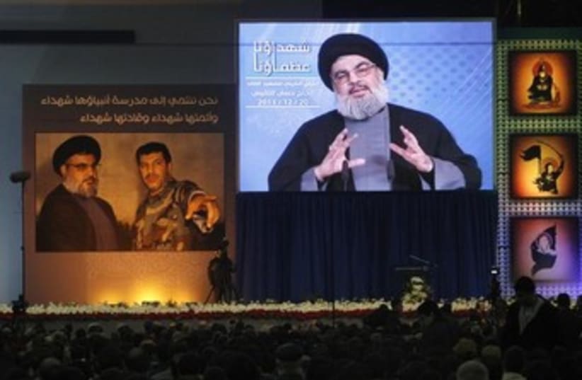 Hezbollah's Hassan Nasrallah addresses supporters in Beirut  (photo credit: REUTERS)