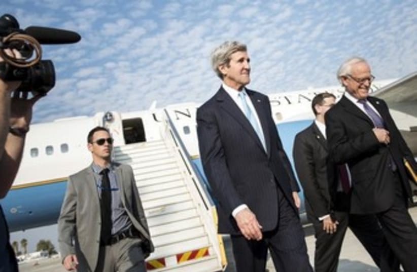 US Secretary of State Kerry and envoy Martin Indyk arrive (photo credit: Reuters)