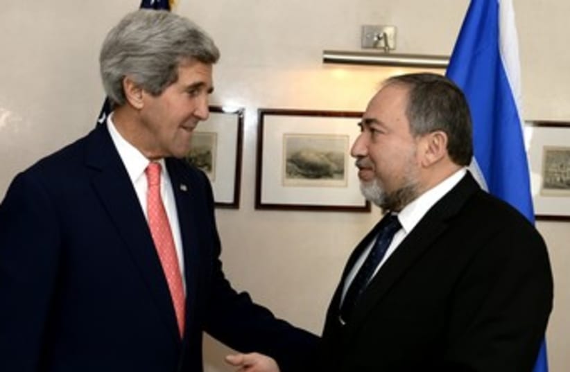 John Kerry and Avigdor Liberman. (photo credit: Matty Stern/US Embassy Tel Aviv)
