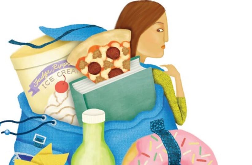 Girl cartoon with backpack full of food (photo credit: MCT)