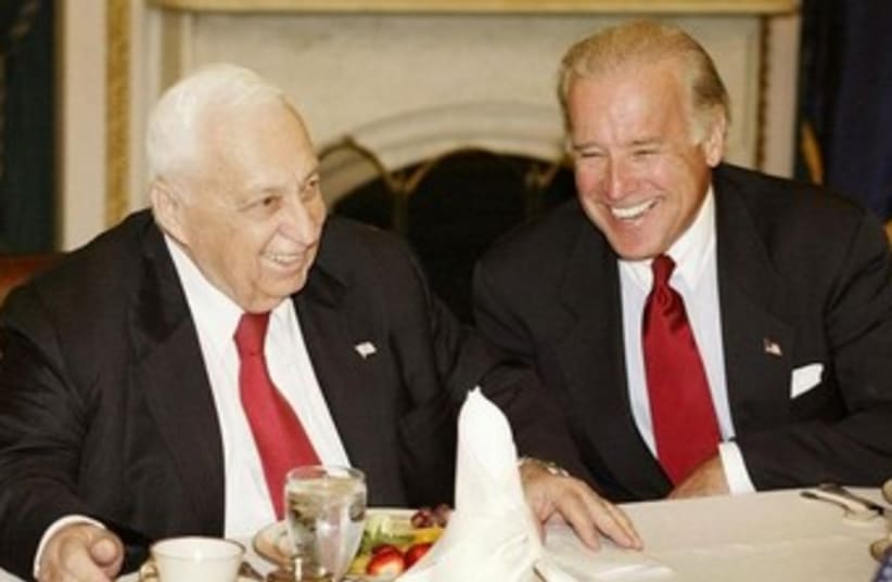 Then-Prime Minister Ariel Sharon meets with then-Senate majority leader Joe Biden in 2002 (photo credit: REUTERS)