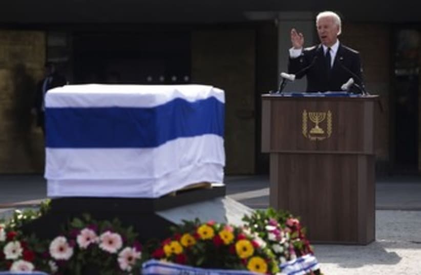 Joseph Biden speaking at at Sharon memorial (photo credit: Reuters)