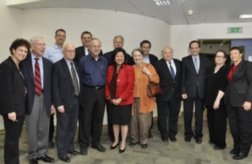 IRENE HIRANO INOUYE (foreground, fifth from left) is surrounded by former Israeli ambassadors to the US and others at the dedication of a scholarship fund in memory of her late husband, US Senator Daniel Inouye (photo credit: ARIEL EILON)