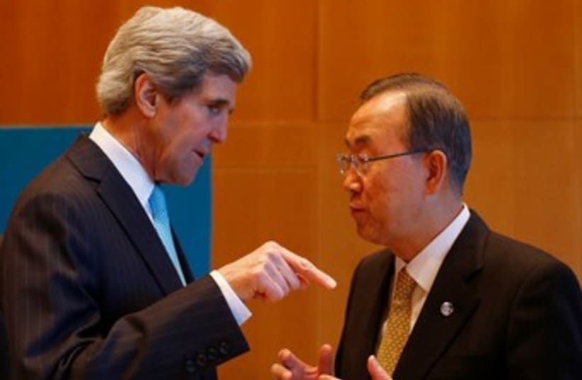 UN Secretary General Ban Ki-Moon and US Secretary of State John Kerry at Geneva 2 (photo credit: REUTERS)