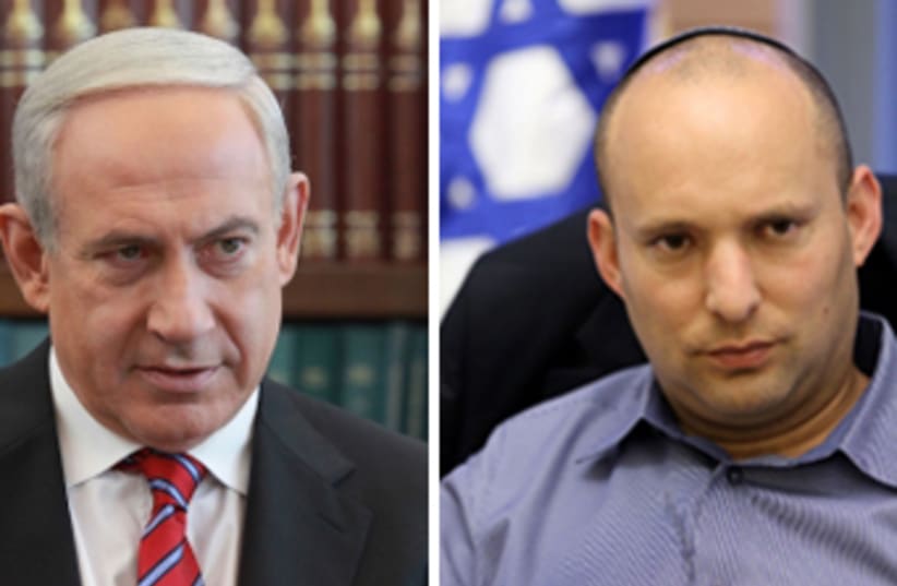 Economy Minister Naftali Bennett (R) and Prime Minister Binyamin Netanyahu (photo credit: MARC ISRAEL SELLEM/THE JERUSALEM POST)