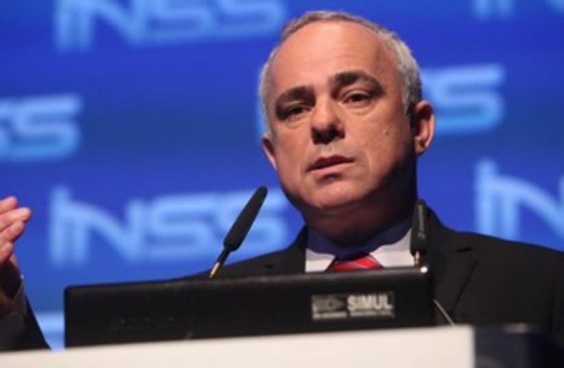 Minister of Strategic Affairs Yuval Steinitz‏ speaking at the INSS conference in Tel Aviv, January 29, 2014. (photo credit: CHEN GALILI)