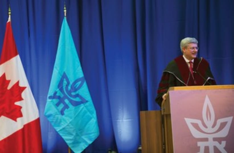 Canadian Prime Minister Stephen Harper at Tel Aviv University (photo credit: REUTERS)