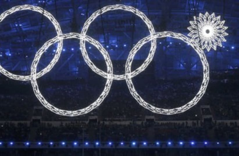 Four Olympic rings, Sochi opening ceremonies. (photo credit: REUTERS)