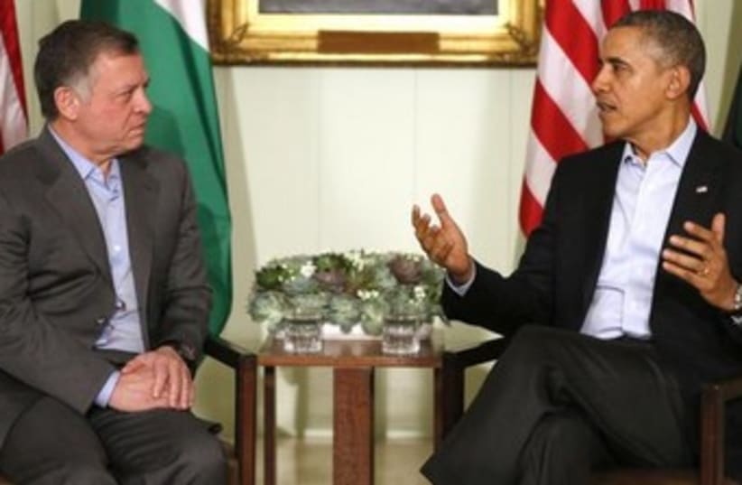 US President Barack Obama (R) and Jordan's King Abdullah meet in California. (photo credit: REUTERS)