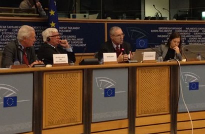 Gerald Steinberg delivers address in Brussels (photo credit: Courtesy)