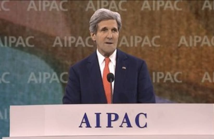 US Secretary of State John Kerry addresses the AIPAC annual policy confernce in Washington, March 3, 2014. (photo credit: screenshot)