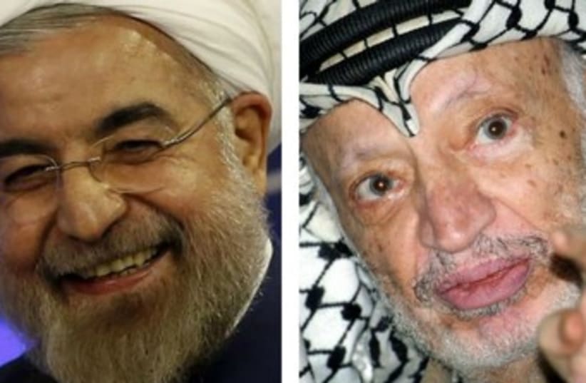 Iranian President Hassan Rouhani and late Palestinian leader Yasser Arafat (photo credit: REUTERS)