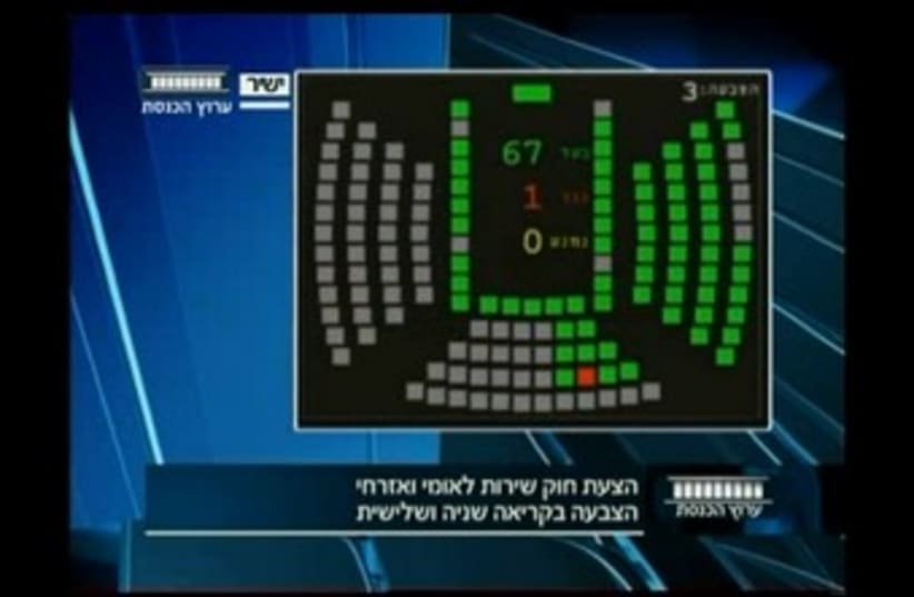 Haredi conscription bill passes screenshot (photo credit: KNESSET CHANNEL)