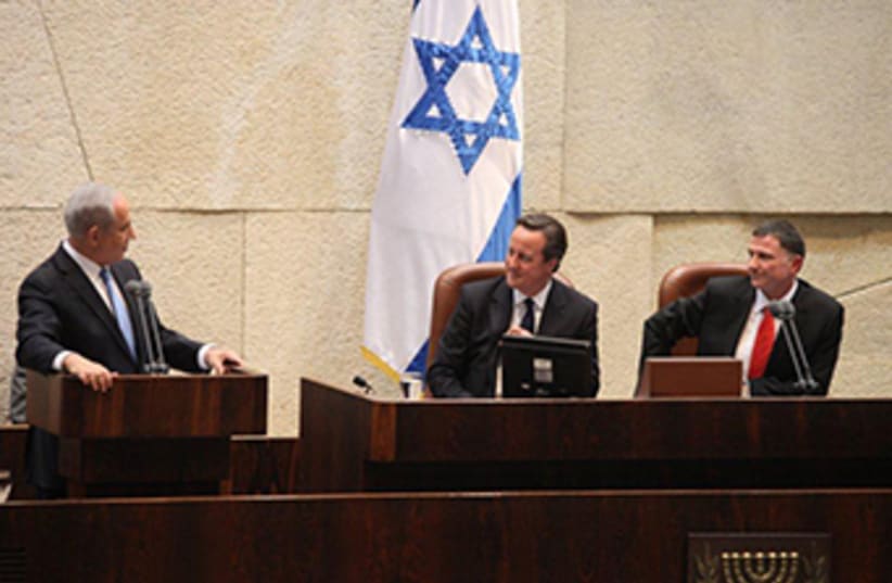 British Prime Minister David Cameron delivers address to Knesset (photo credit: Lahav Harkov)