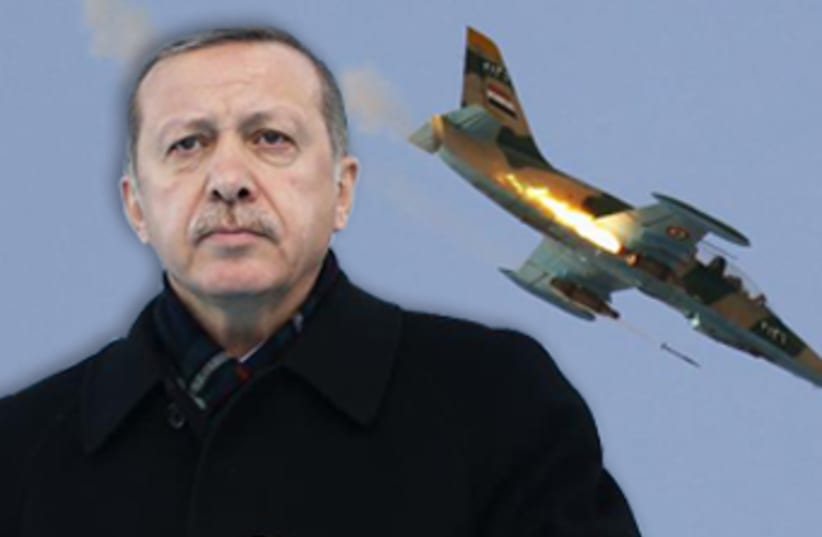 Erdogan with fighter jet. (photo credit: REUTERS)