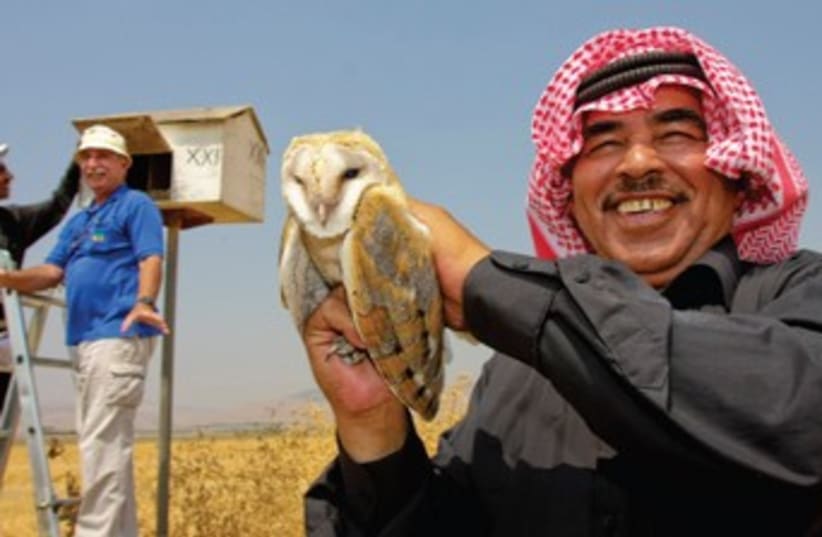 A Jordanian farmer holds a barn owl at Kibbutz Sde Eliyahu during a joint seminar with Palestinians, Jordanians and Israelis. (photo credit: HAGAI AHARON)