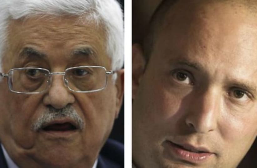 Palestinian Authority chief Mahmoud Abbas (L) and Economy Minister Naftali Bennett (photo credit: REUTERS)