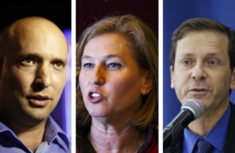 Economy Minister Naftali Bennett, Justice Minister Tzipi Livni, and Labor Party chief Isaac Herzog (photo credit: REUTERS)