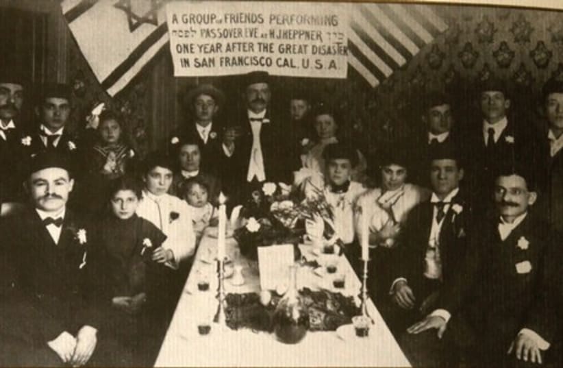 famous picture from 1907 used in the ‘American Heritage Haggada,’ the Heppner family of San Francisco has a Seder. (photo credit: Courtesy)