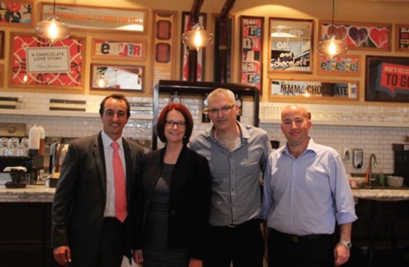 From Left, Australian Ambassador Dave Sharma, former Australian prime minister Julia Gillard, Yaniv Stenger and Dudu Vaknin joint owners of Max Brenner Israel. (photo credit: Courtesy)