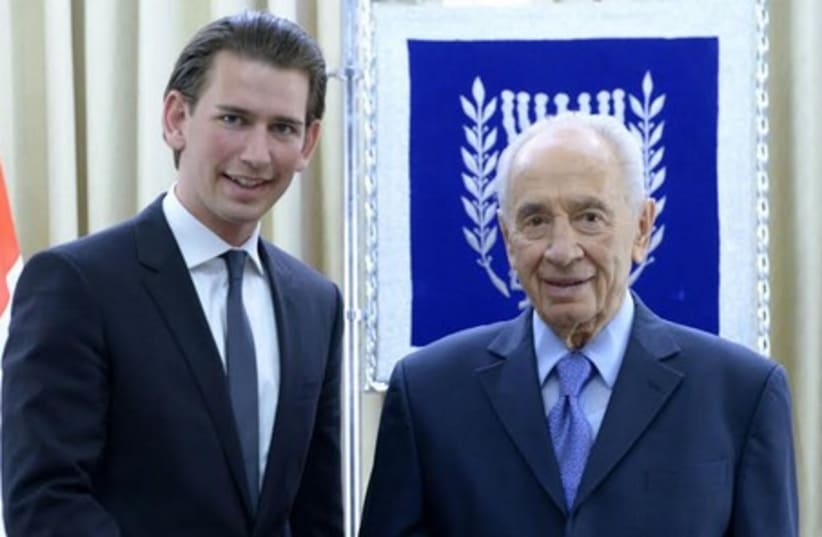 Austrian FM Kurz, with President Shimon Peres, April 22, 2014. (photo credit: Mark Neiman/GPO)