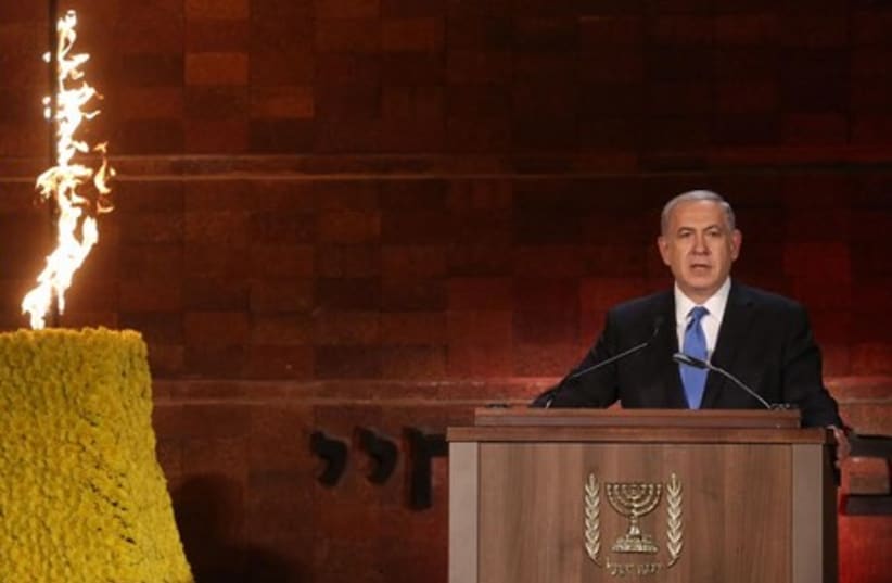 Prime Minister Binyamin Netanyahu speaking at Yad Vashem, April 27, 2014. (photo credit: MARC ISRAEL SELLEM/THE JERUSALEM POST)