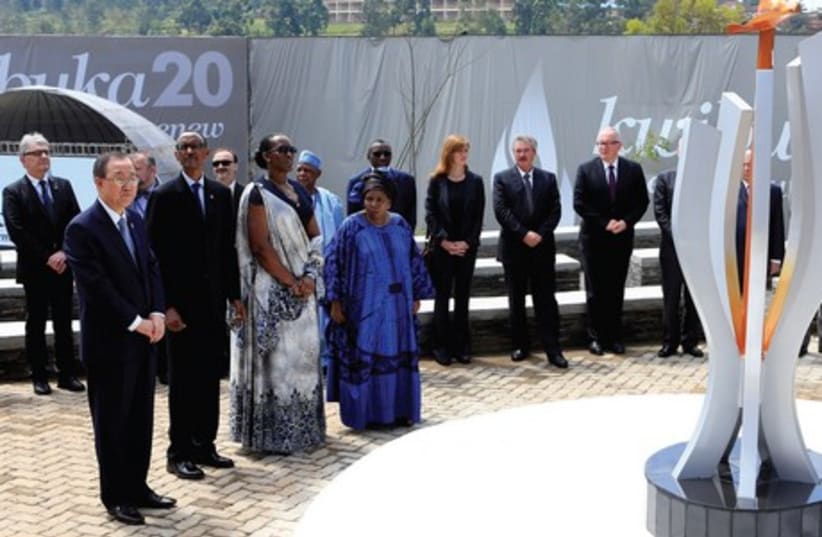 United Nations Secretary General Ban Ki-moon, Rwandan President Paul Kagame, Jeannette Kagame and African Union Commission Chairwoman Nkosazana Dlamini-Zuma participate in the commemoration of the 20th anniversary of the genocide, in the Rwandan capital Kigali on April 7. (photo credit: REUTERS)