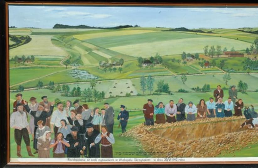 A PAINTING of the killing pit outside the town of Wielopole Skrzynskie, 1942 (photo credit: YAD VASHEM)