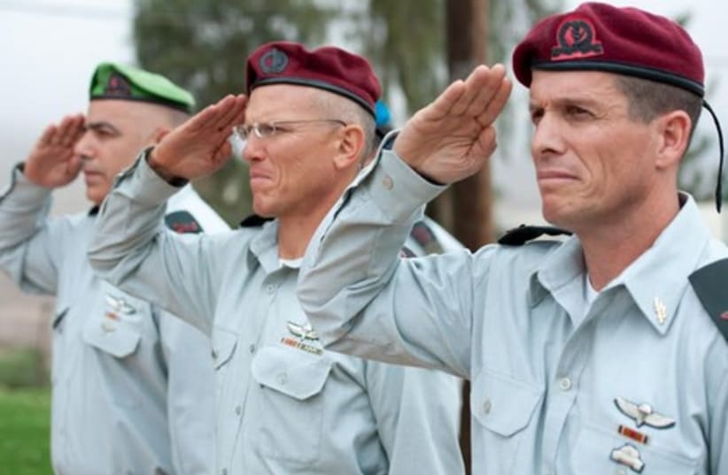 From left to right: Brig.-Gen. Moti Baruch, Maj.-Gen. Alon Nitzan, and Brig.-Gen. Nadav Padan. (photo credit: IDF)
