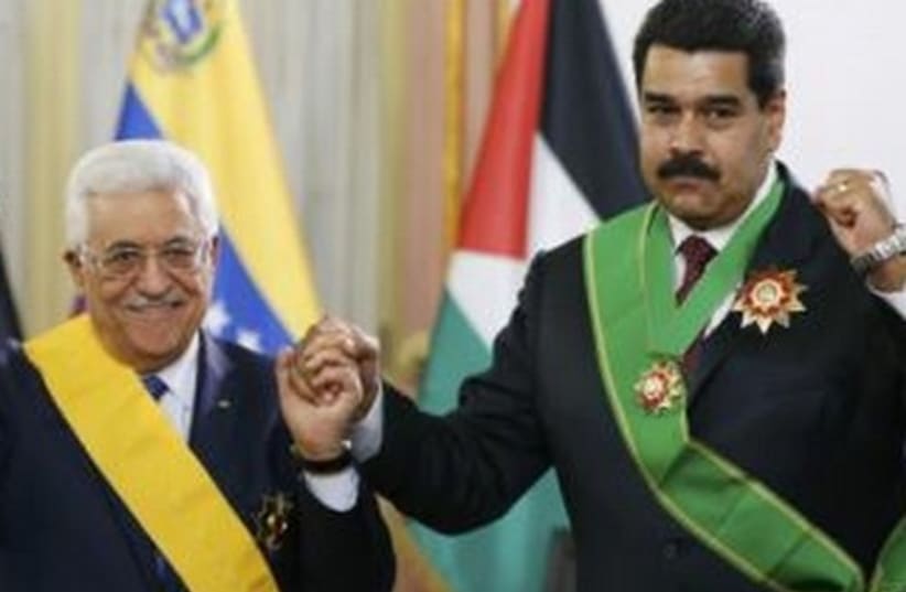 Venezuela's President Nicolas Maduro (R) and Palestinian President Mahmoud Abbas  (photo credit: REUTERS)