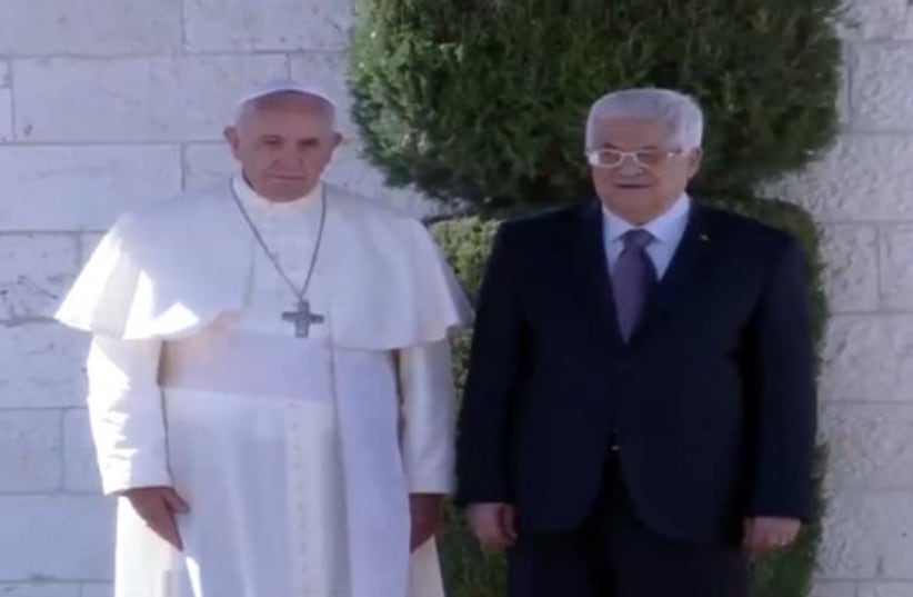 Pope Francis with Palestinian Authority President Mahmoud Abbas in Bethlehem May 25, 2014. (photo credit: screenshot)