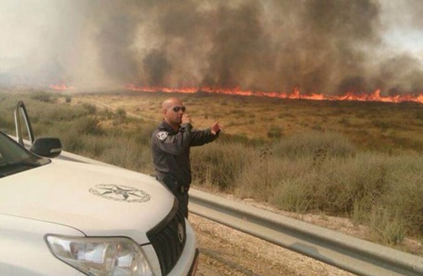 Wildfires swept across parts of the northeastern Negev, June 3, 2014. (photo credit: ISRAEL POLICE)