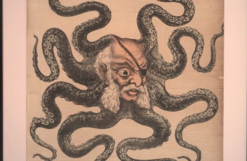 Baron Alphonse de Rothschild depicted as an octopus (a symbol of greed and power) with an eye-patch giving the appearance of a pirate mask. (photo credit: THE LORRAINE BEITLER COLLECTION OF THE DREYFUS AFFAIR)