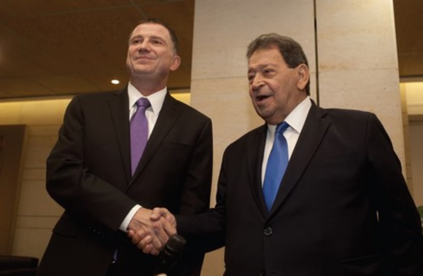 Before the fall: Binyamin Ben-Eliezer (right) presents his candidacy for the presidency to Knesset Speaker Yuli Edelstein on May 27 (photo credit: FLASH 90)