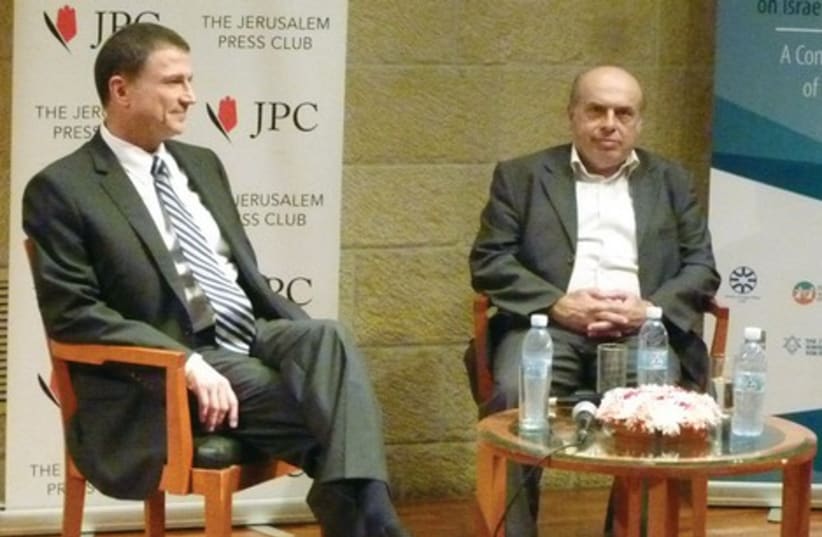 FORMER PRISONERS OF ZION Knesset Speaker Yuli Edelstein (left) and Jewish Agency chairman Natan Sharansky address a Jewish Media Summit panel yesterday moderated by Forward editor Jane Eisner (photo credit: AVIVA LOEB)