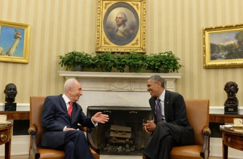 President Shimon Peres with US President Barack Obama at the White House (photo credit: OFFICE OF THE PRESIDENT)