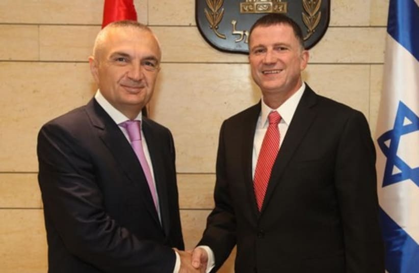 Knesset Speaker Yuli Edelstein meets with his Albanian counterpart Ilir Meta. (photo credit: KNESSET SPOKESMAN'S OFFICE)
