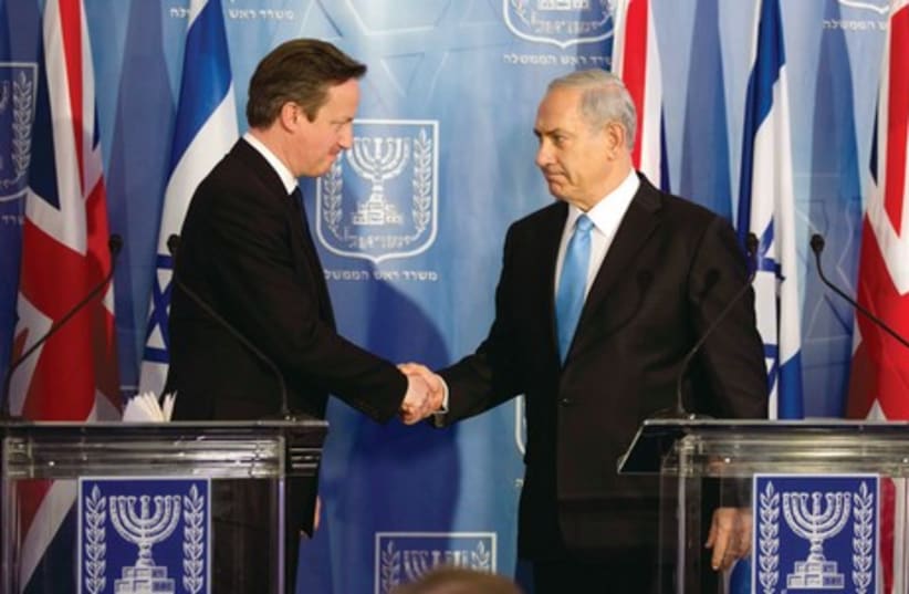 British Prime Minister David Cameron and Prime Minister Binyamin Netanyahu meet at a March press conference in Jerusalem. (photo credit: REUTERS)