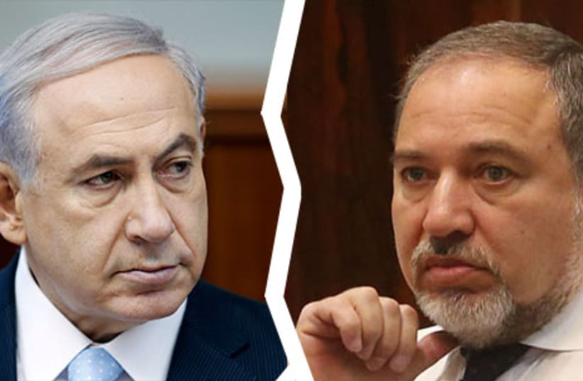 Netanyahu and Liberman splitting (photo credit: REUTERS)