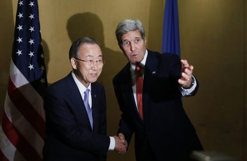 U.S. Secretary of State John Kerry and U.N. Secretary General Ban Ki-Moon make statements to reporters in Cairo (photo credit: REUTERS)