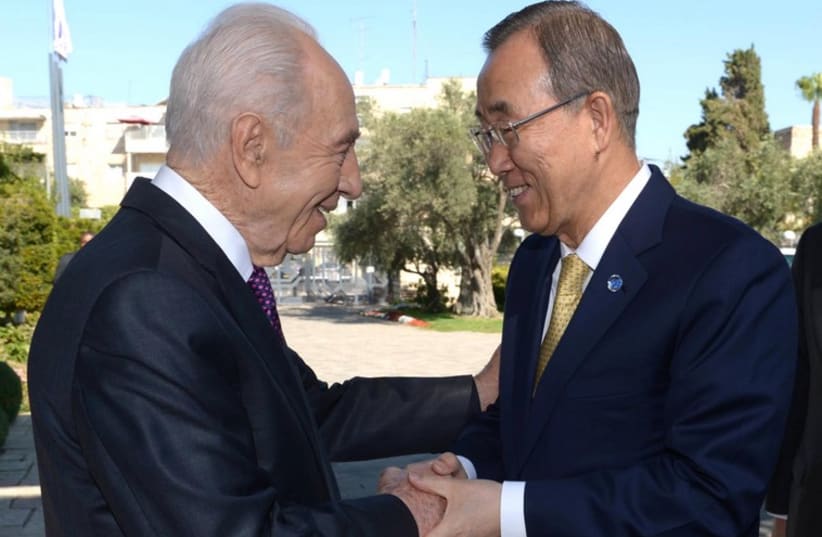President Peres and UN Secretary General Ban Ki Moon (photo credit: Mark Neiman/GPO)